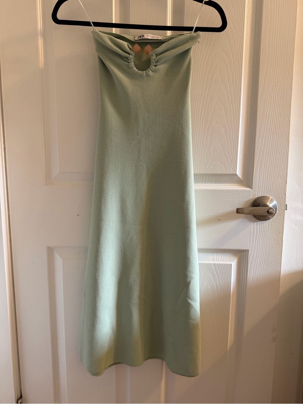 Zara Sage Green Strapless Knit Midi Dress with Keyhole Detail